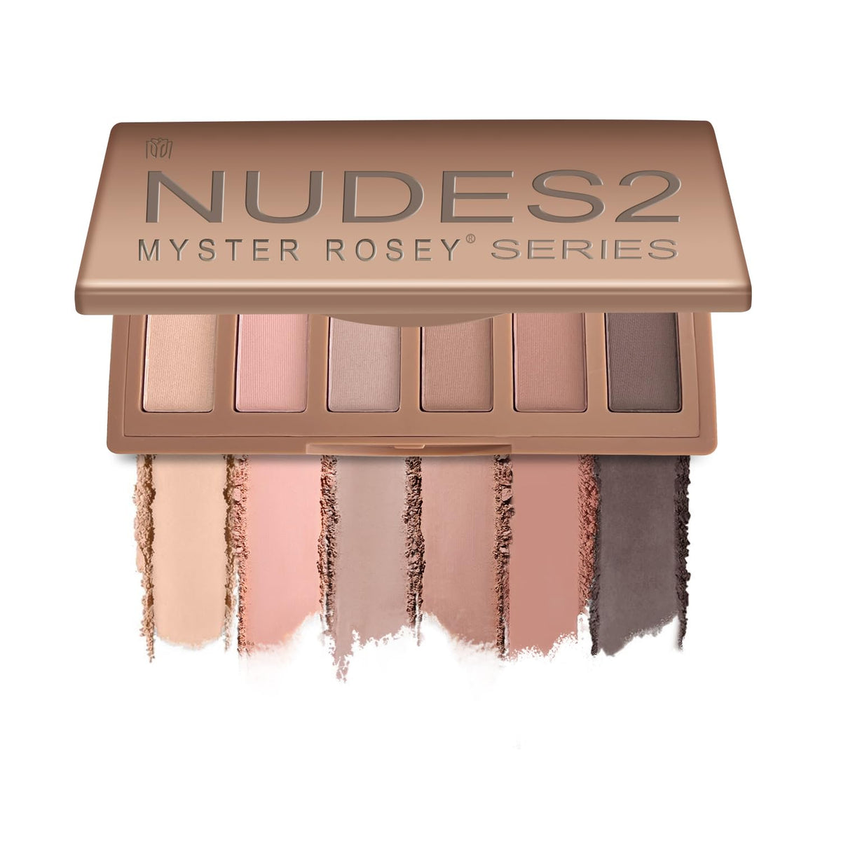 MYSTER ROSEY palette front view showing six nude shades and compact design benefit portability