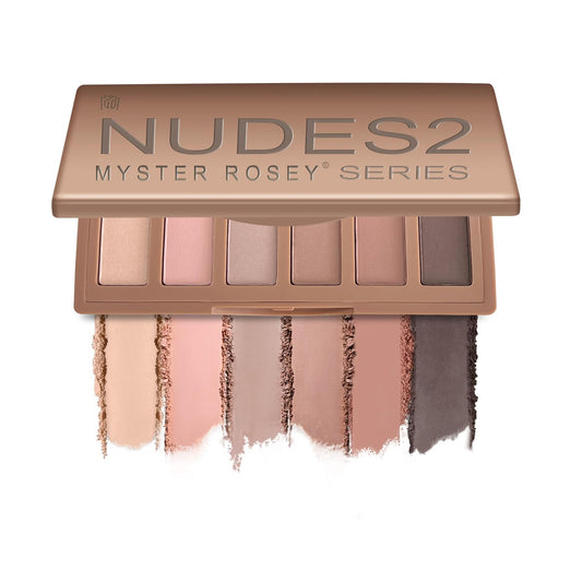 MYSTER ROSEY palette front view showing six nude shades and compact design benefit portability