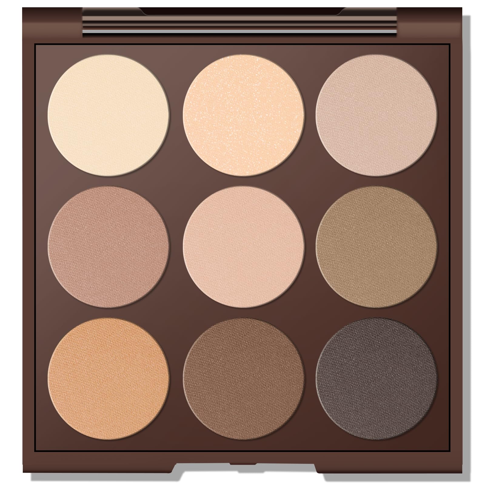 MYSTER ROSEY palette front open showing nine nude matte shades and mirror for convenience