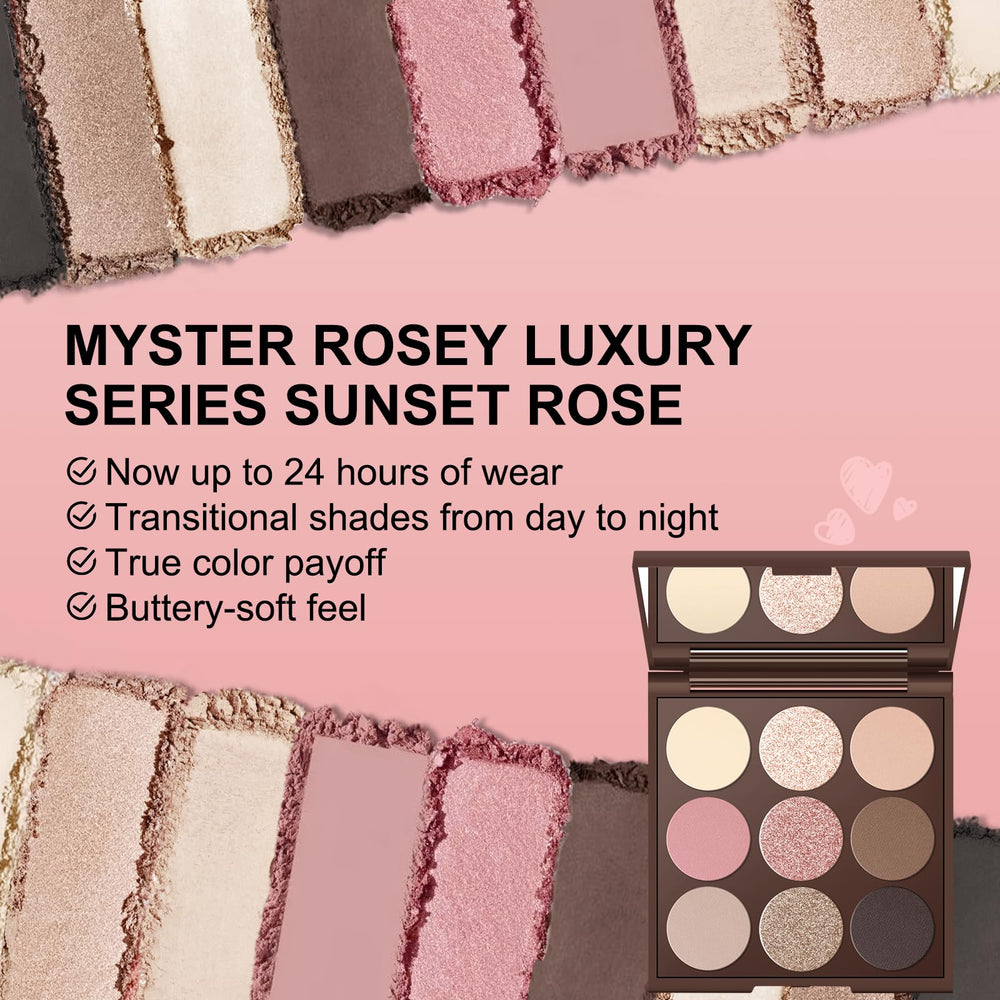 MYSTER ROSEY arm swatches of all nine shades highlighting true pigmentation and layering control