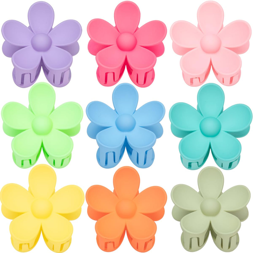 Mythos front packaging of nine matte flower claw clips, organized and travel-ready