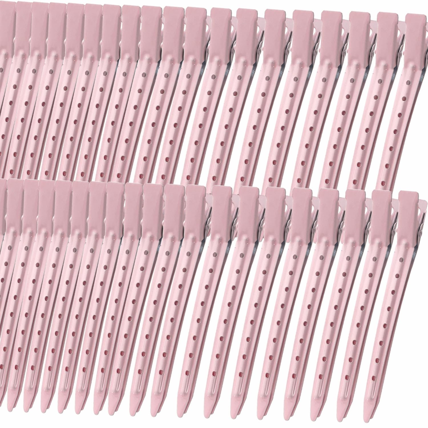 Mythos front view of 40 pink duckbill clips showing neat packaged set and easy grab access