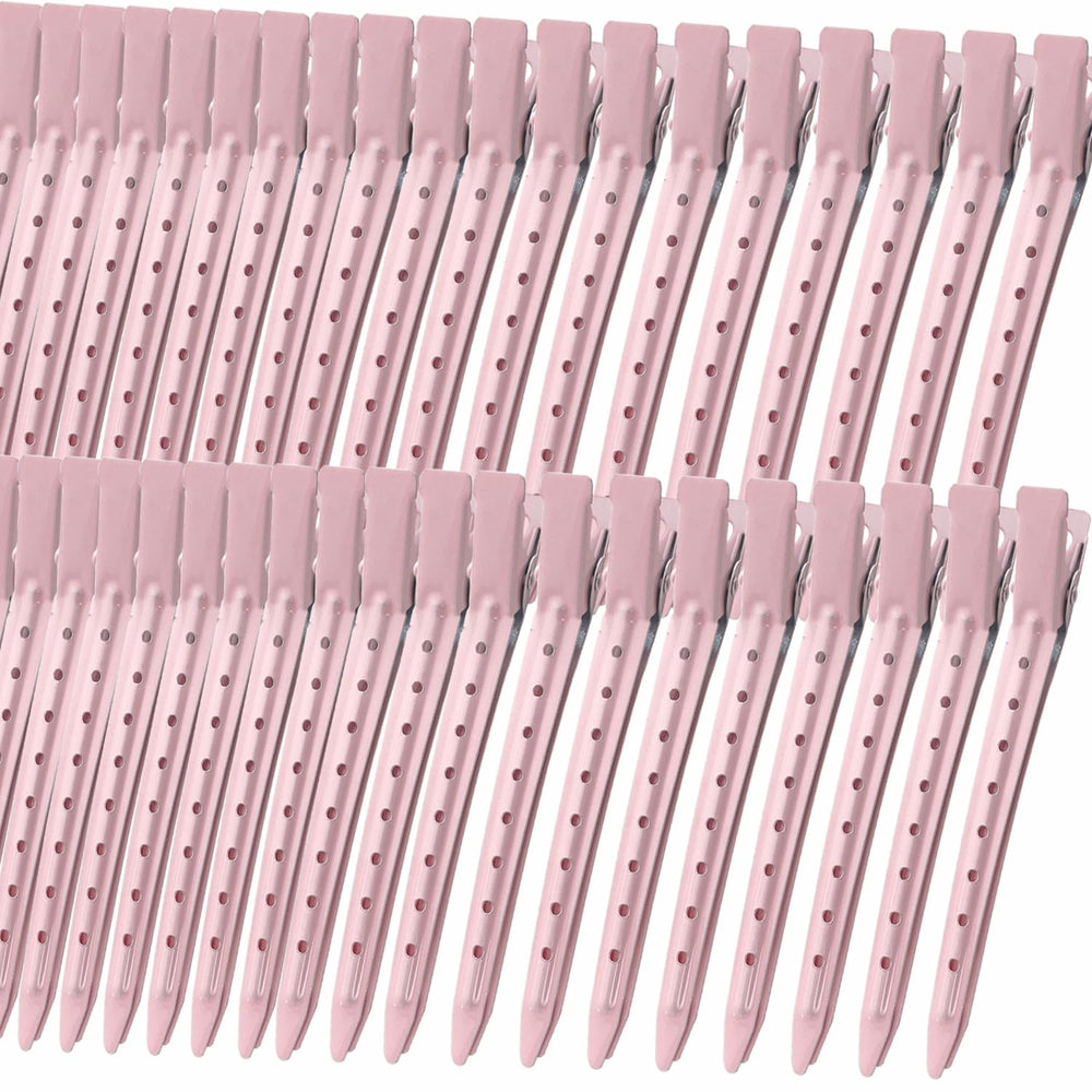 Mythos front view of 40 pink duckbill clips showing neat packaged set and easy grab access