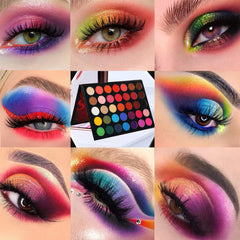 MYUANGO open palette top view displaying 35 matte and shimmer shades for versatility