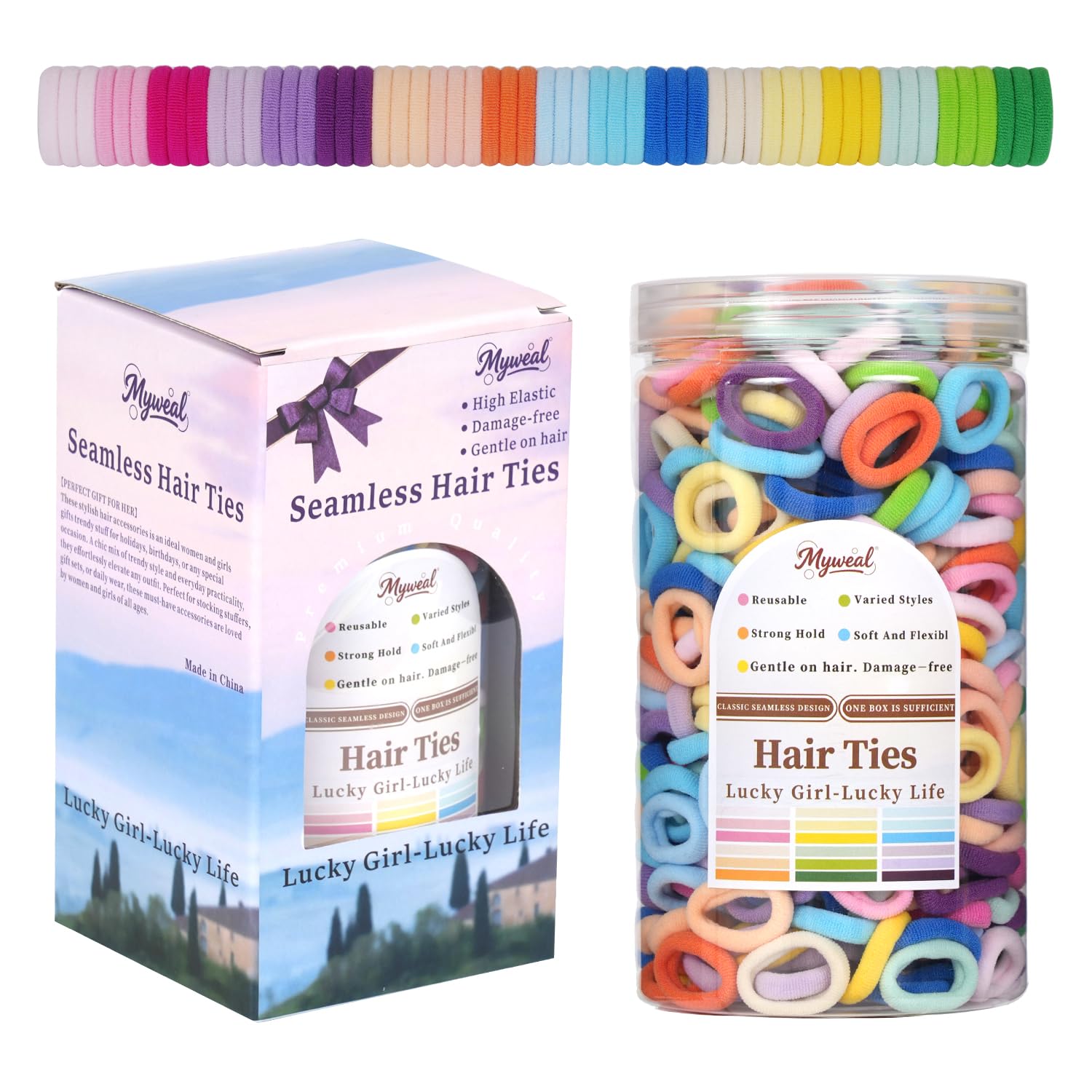 Myweal clear jar of 500 elastics showing organization and easy access