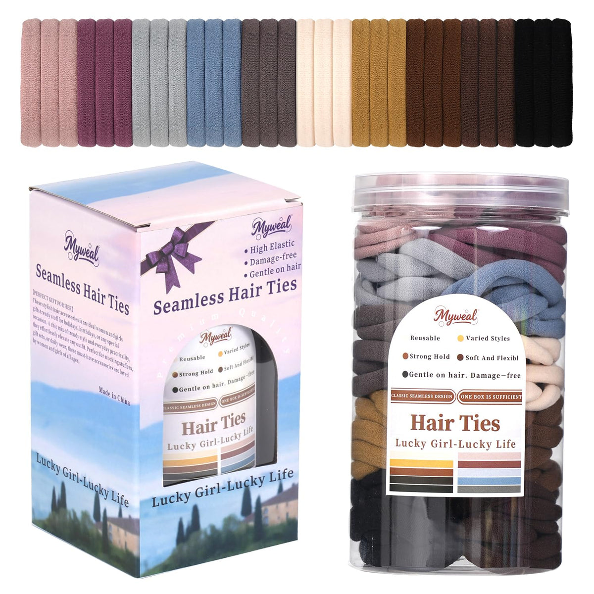 Myweal front jar packaging showing 100 hair ties and neat storage benefit