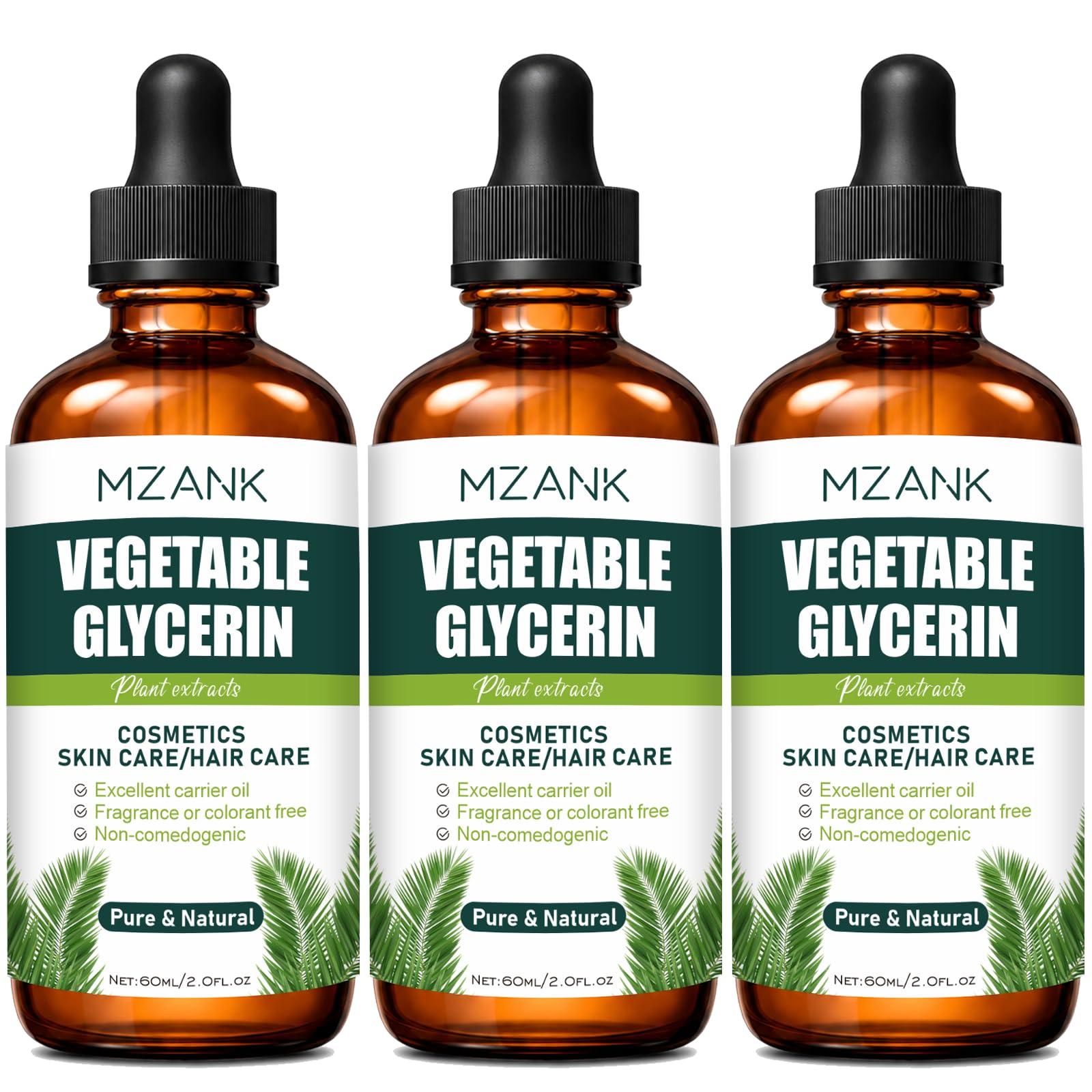 MZANK front bottles showing three-pack and clear pure glycerine benefit hydration