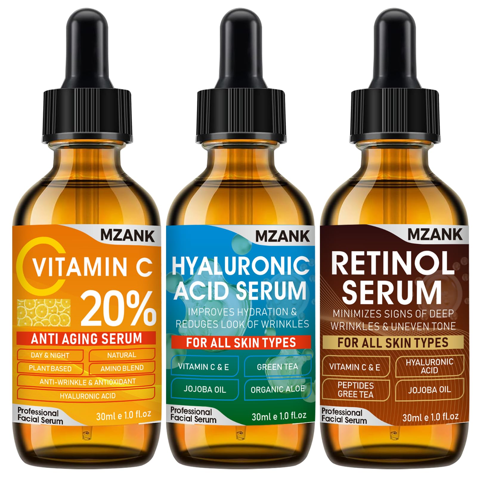 MZANK front packaging of three serums showing kit and benefits