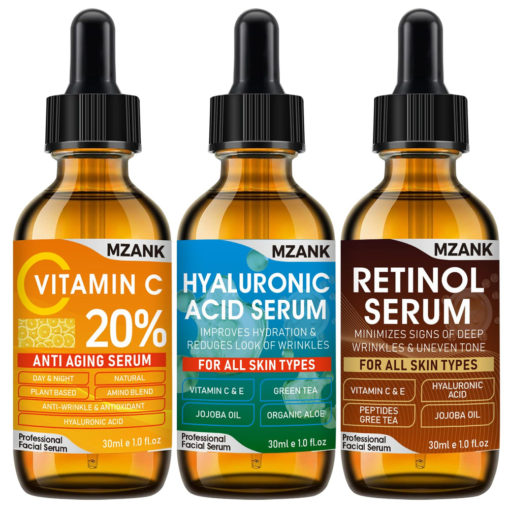 MZANK front packaging of three serums showing kit and benefits