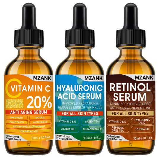 MZANK front packaging of three serums showing kit and benefits