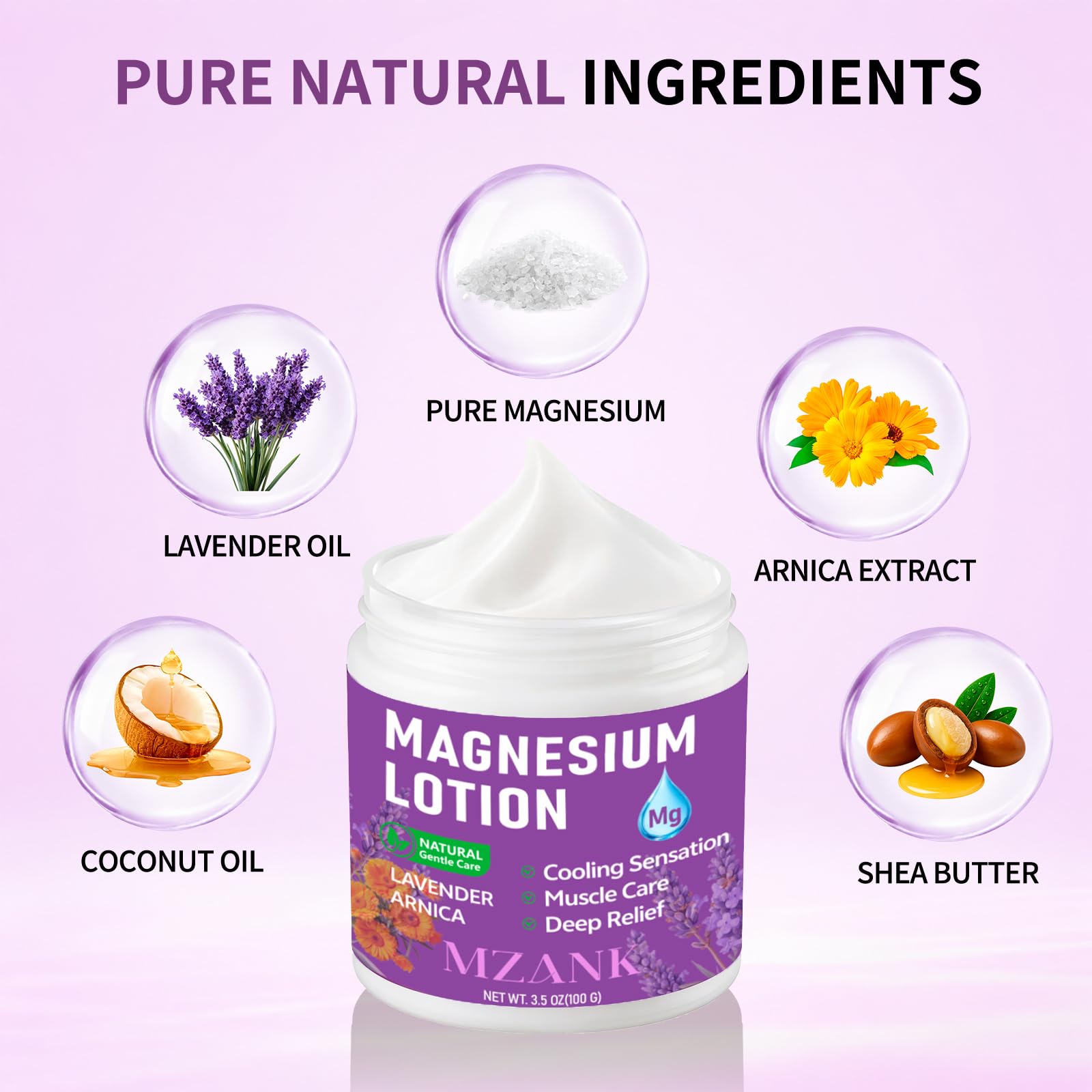 MZANK ingredients display with lavender and arnica for soothing benefits