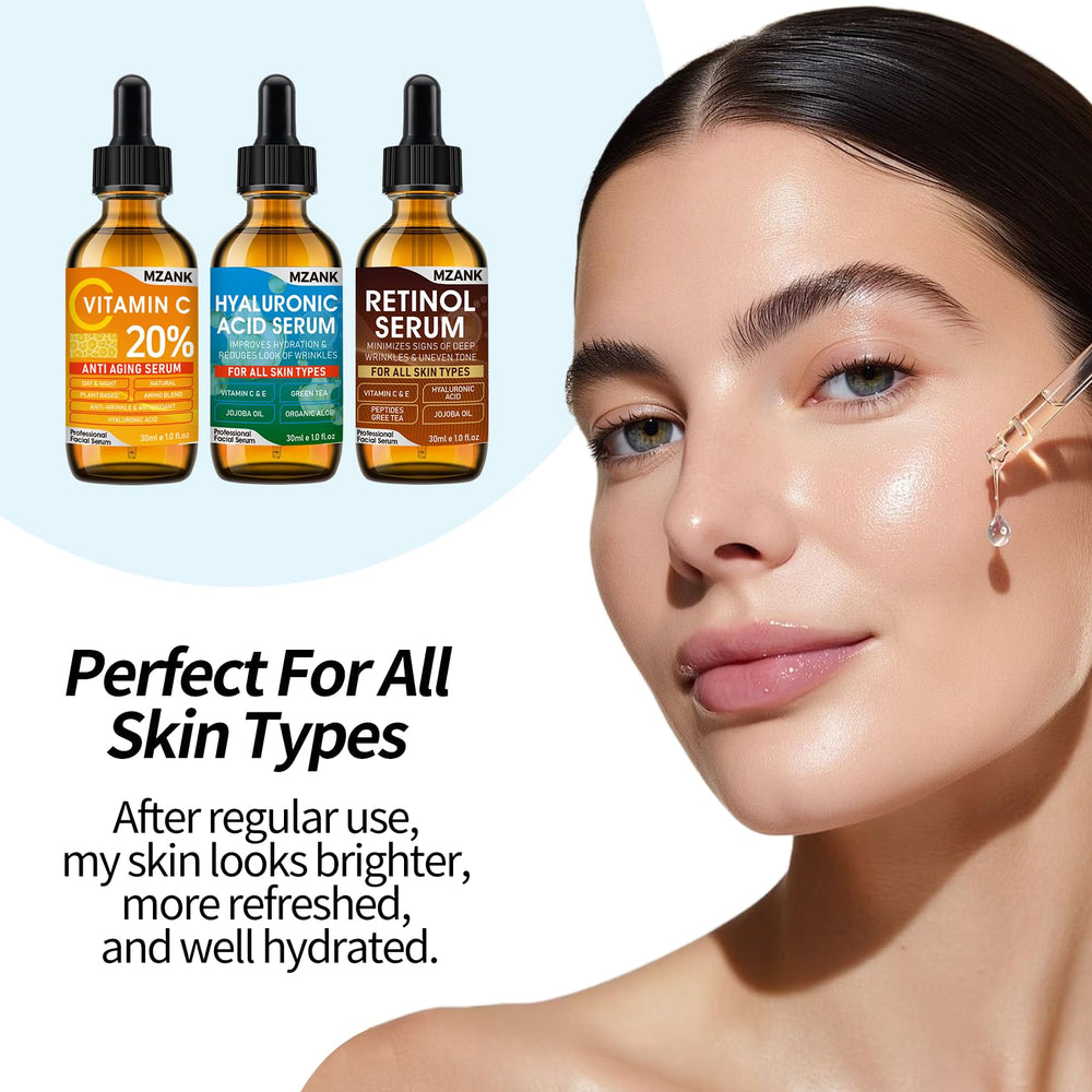 MZANK three serums in hand to show size and easy daily use
