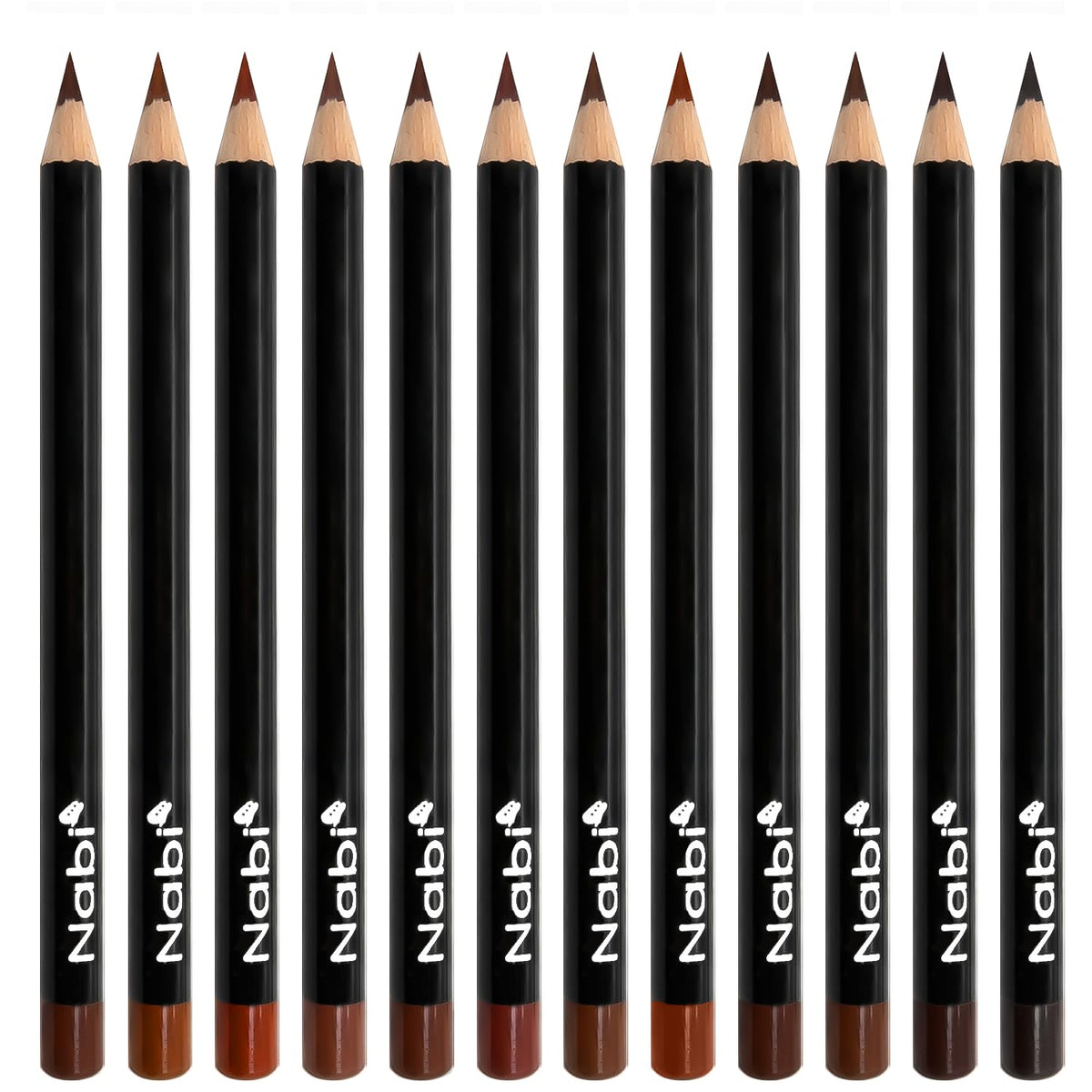 Nabi front packaging of 12 brown lip liners showing shade variety and kit benefit