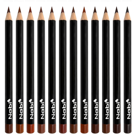 Nabi front packaging of 12 brown lip liners showing shade variety and kit benefit