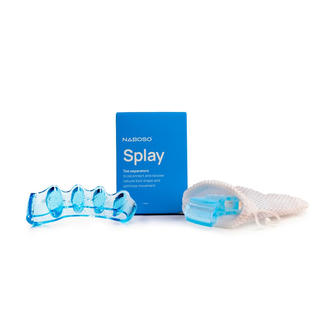 NABOSO Splay 2.0 front view showing blue gel pair and packaging, promotes easy toe alignment