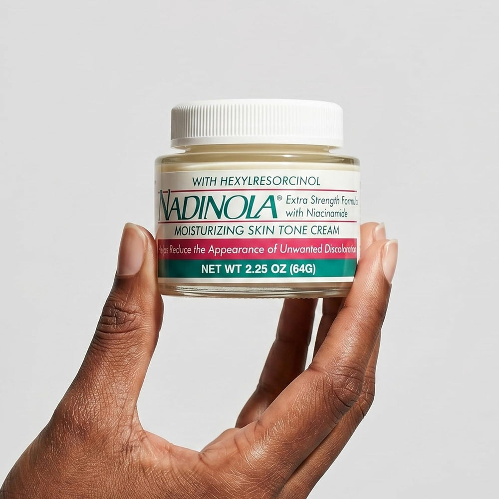 NADINOLA jar on bathroom counter in lifestyle setting for routine use