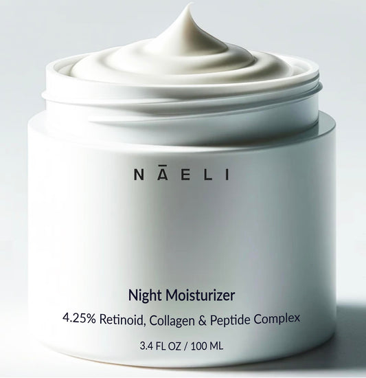 NAELI retinoid cream front jar showing label and net weight, conveys clarity