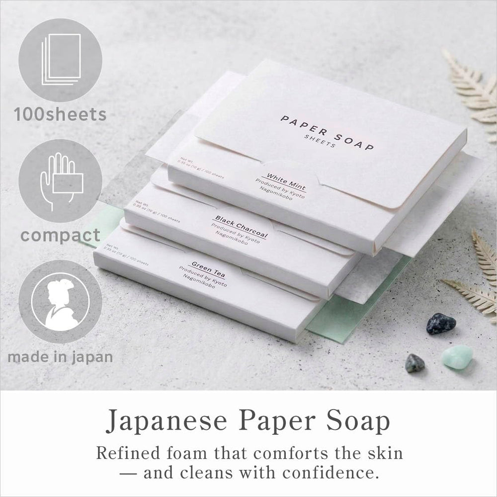 なごみ工房 close-up of paper soap sheet texture highlighting instant dissolving benefit