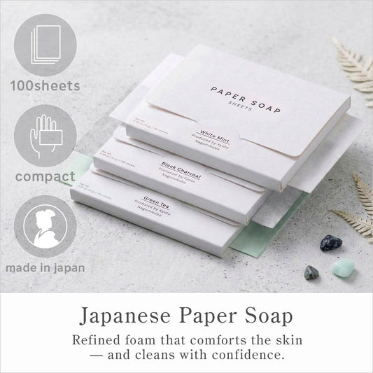 なごみ工房 close-up of paper soap sheet texture highlighting instant dissolving benefit
