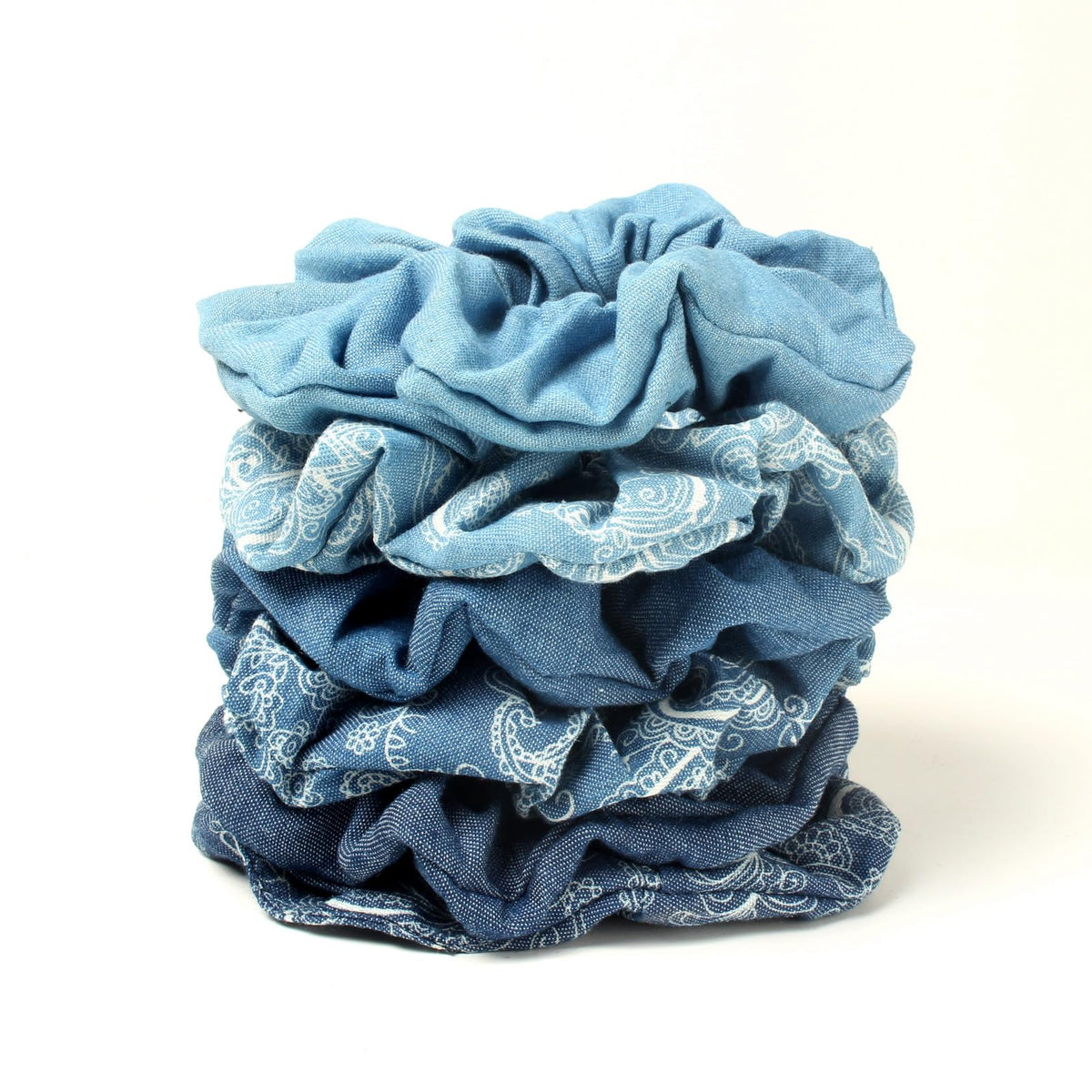 naibirdr front view of six denim paisley scrunchies shows coordinated colors and style benefit
