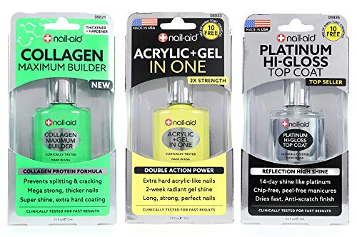 Nail-Aid trio front packaging showing collagen base acrylic-gel and platinum top coat, adds lasting strength