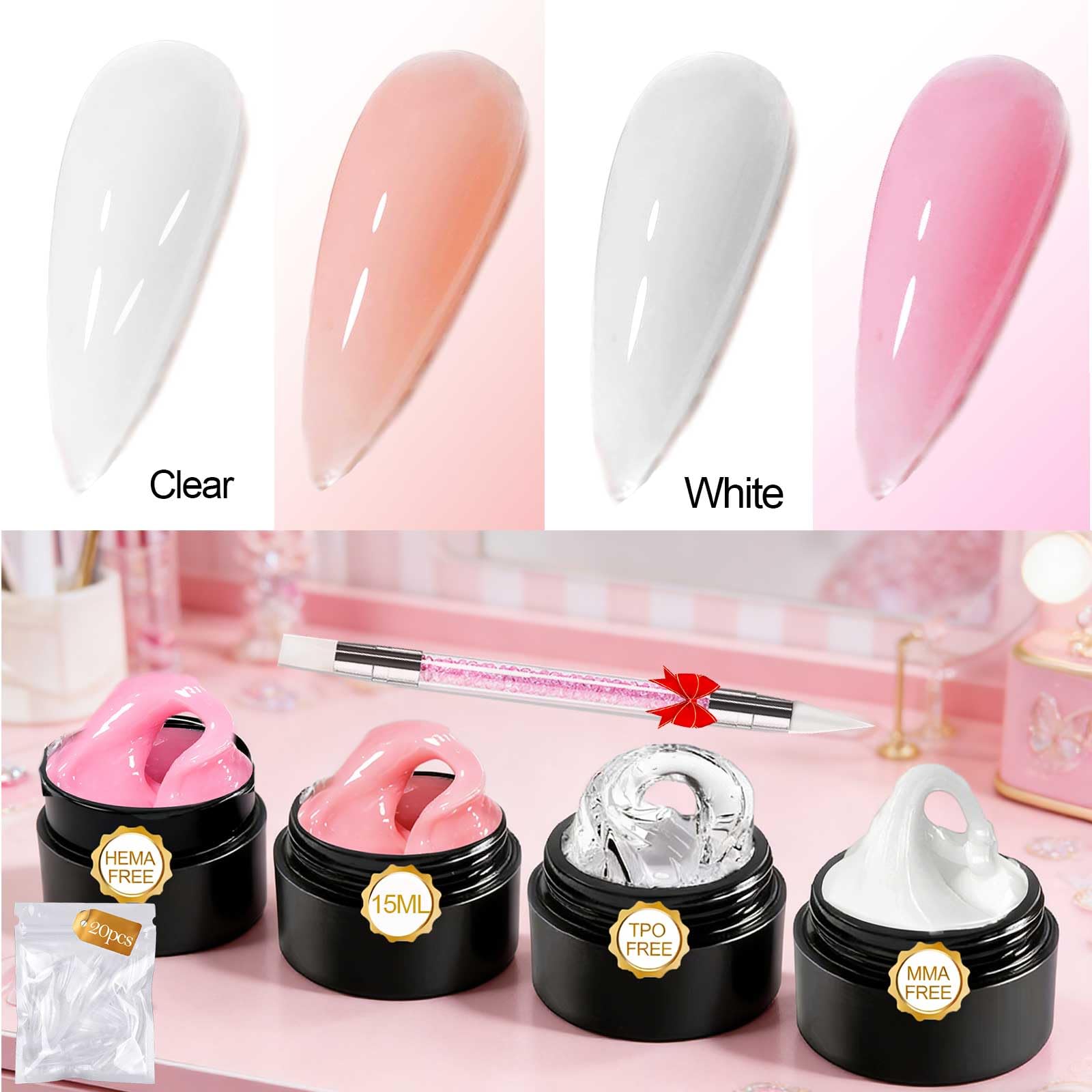 NAIL GIL four jars open displaying clear white nude pink gels