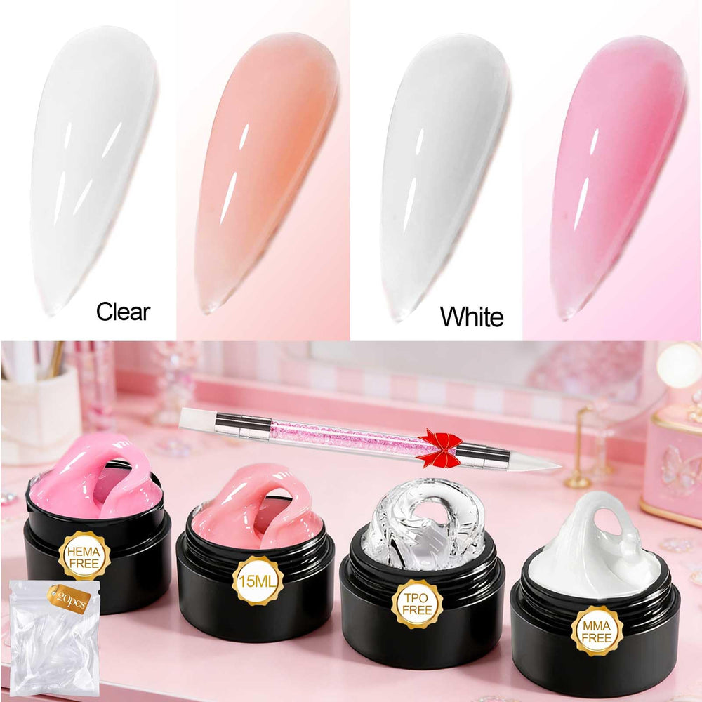 NAIL GIL four jars open displaying clear white nude pink gels