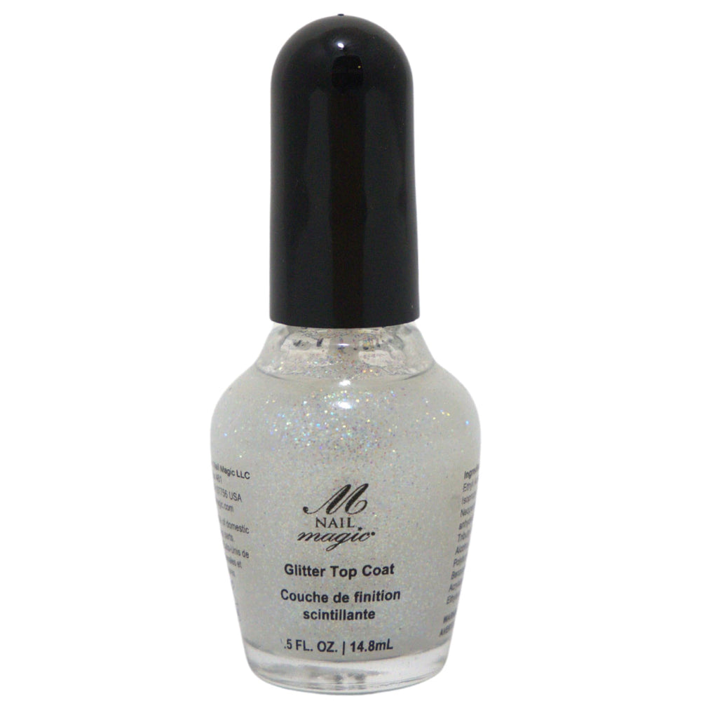 Nail Magic front bottle showing glitter top coat and glossy finish benefit