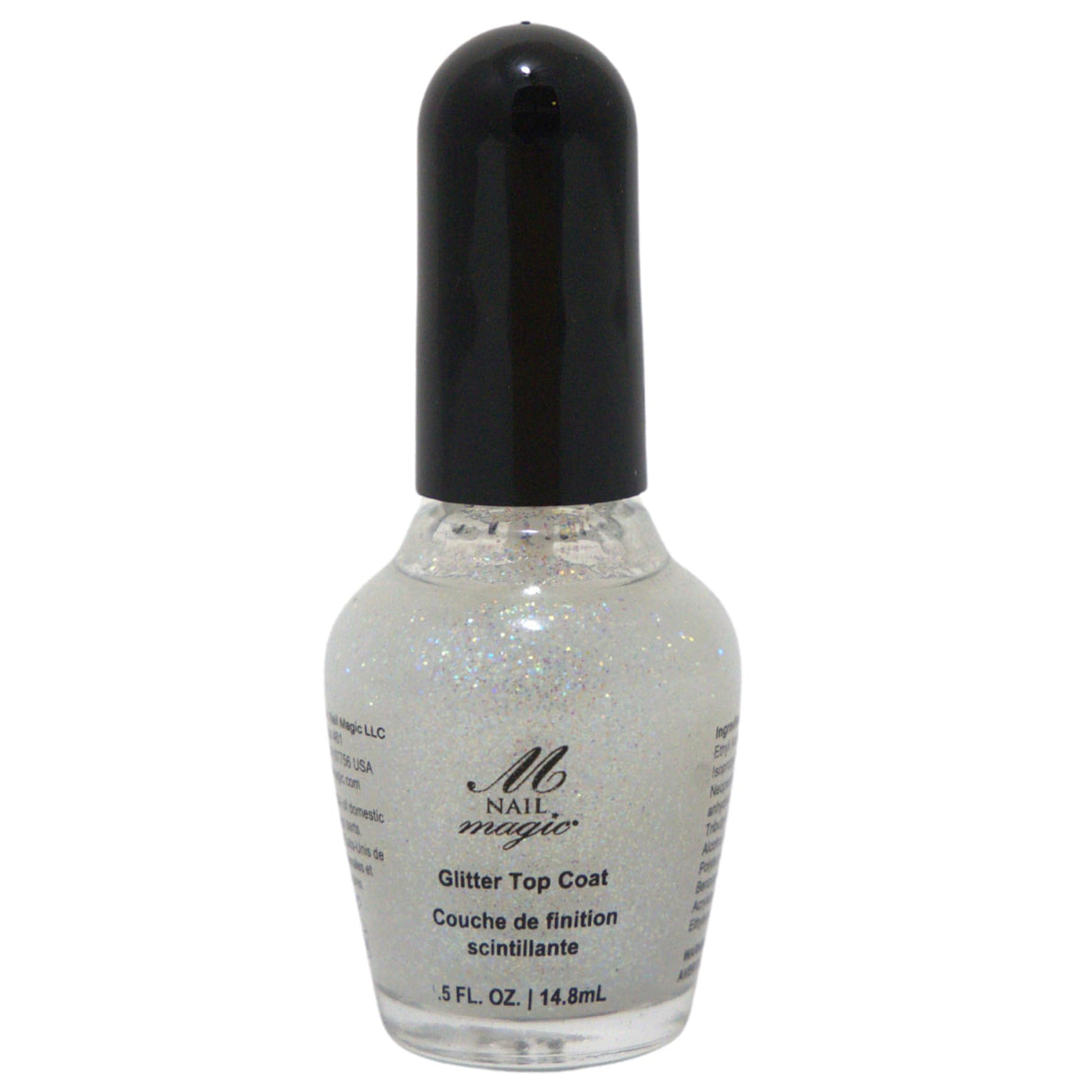 Nail Magic front bottle showing glitter top coat and glossy finish benefit