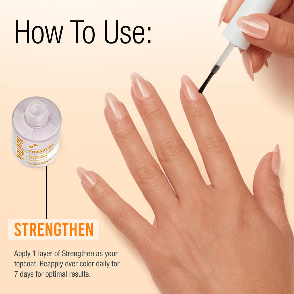 Nail Tek bottle beside a hand showing travel-friendly 15 mL size benefit