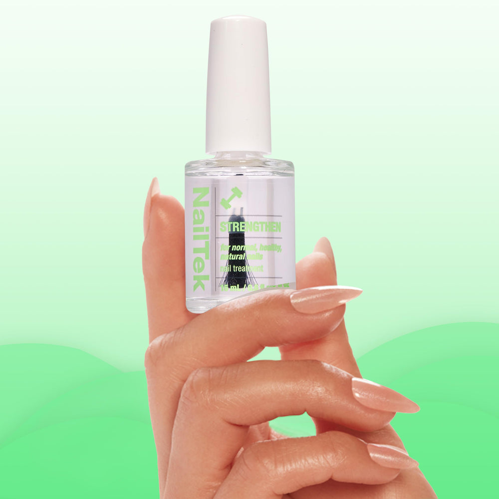 Nail Tek bottle beside a coin to show 0.5 fl oz compact travel-friendly size