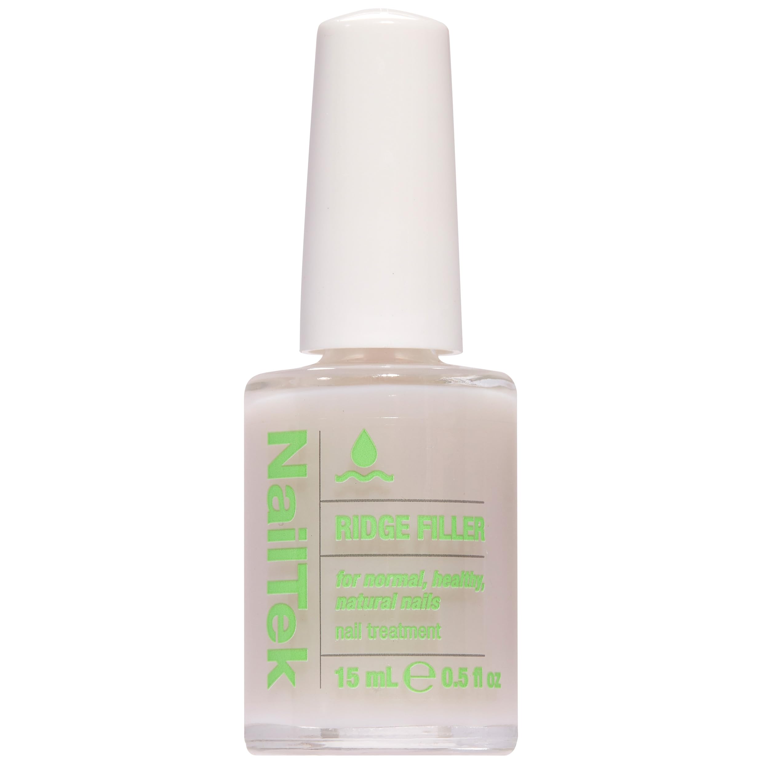 Nail Tek bottle front showing clear ridge filler benefit of smoother nails