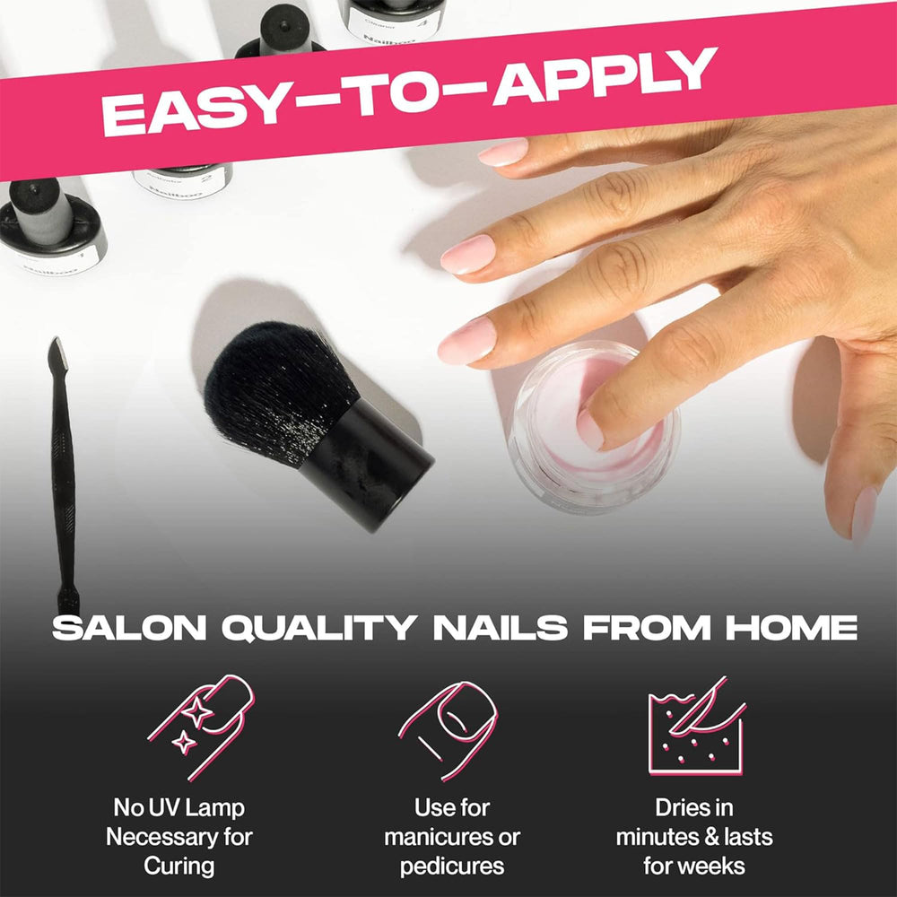 Nailboo base, activator, top and tools arranged to show an organized dip kit