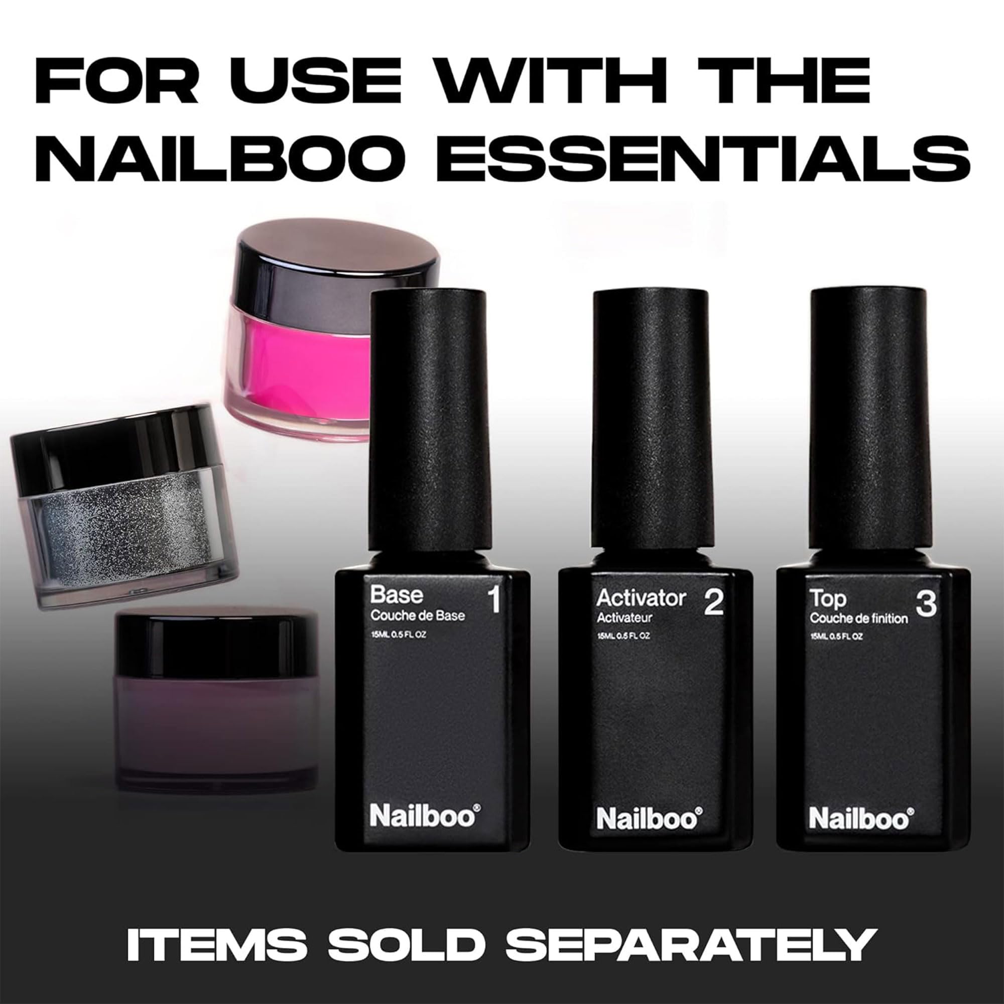 Nailboo powder beside scale and jar demonstrating accurate 0.5 oz size and contents