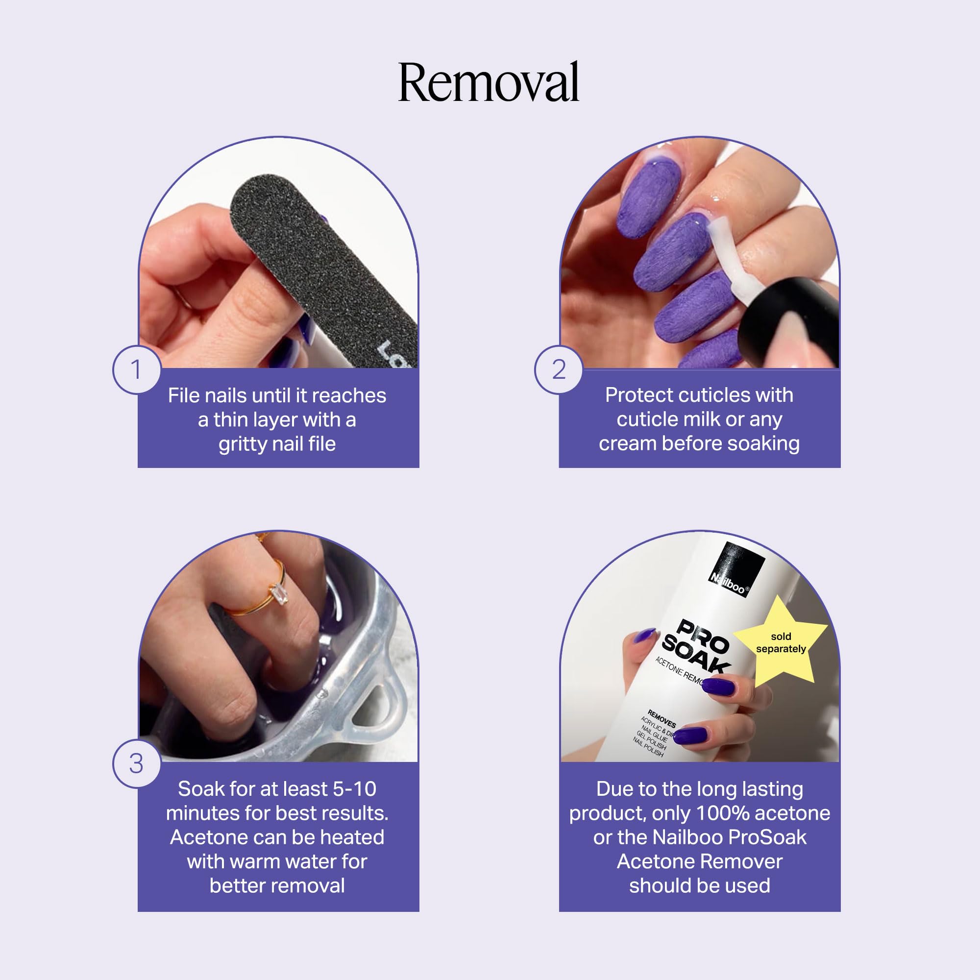 Nailboo dip removal with acetone soak showing safe, easy removal process