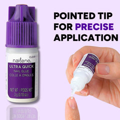 Nailene clear glue drop on nail demonstrating fast-setting bond