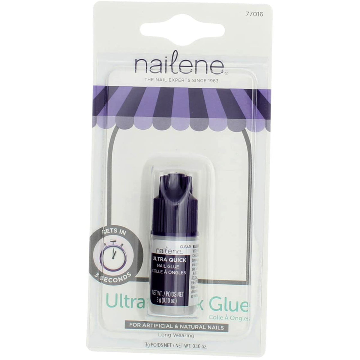 Nailene front packaging showing three compact glue bottles for travel convenience