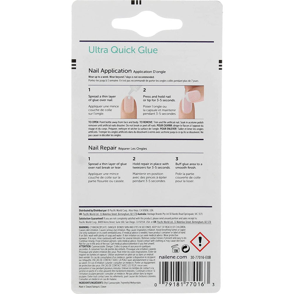 Nailene label and product specs highlighting instructions and safe use benefits