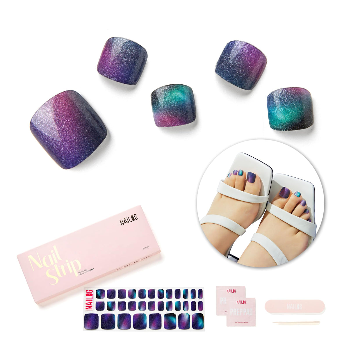 NAILOG front packaging showing 32-piece aurora toe strip kit and benefits
