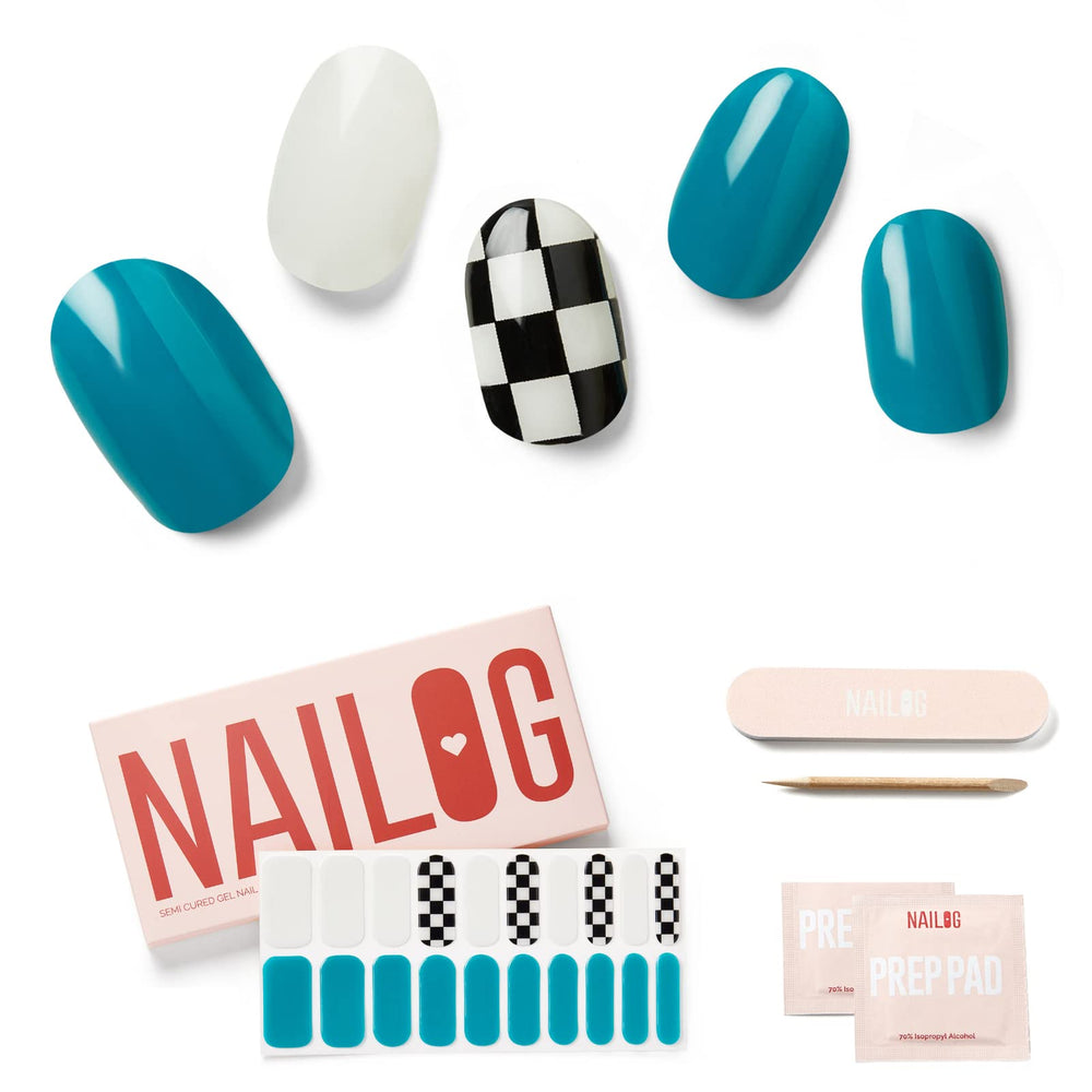 NAILOG front packaging showing 20 extra long checkered gel strips and accessories