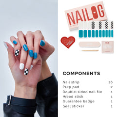 NAILOG kit contents laid out with file and wipes for easy at-home use