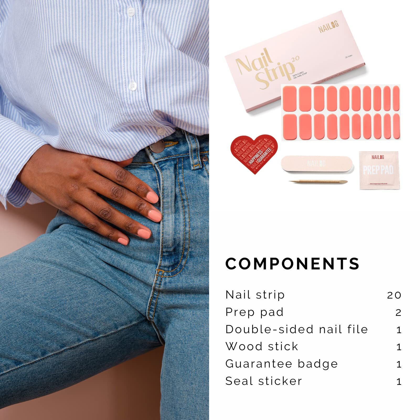 NAILOG nail file and two wipes included for clean prep and easy removal