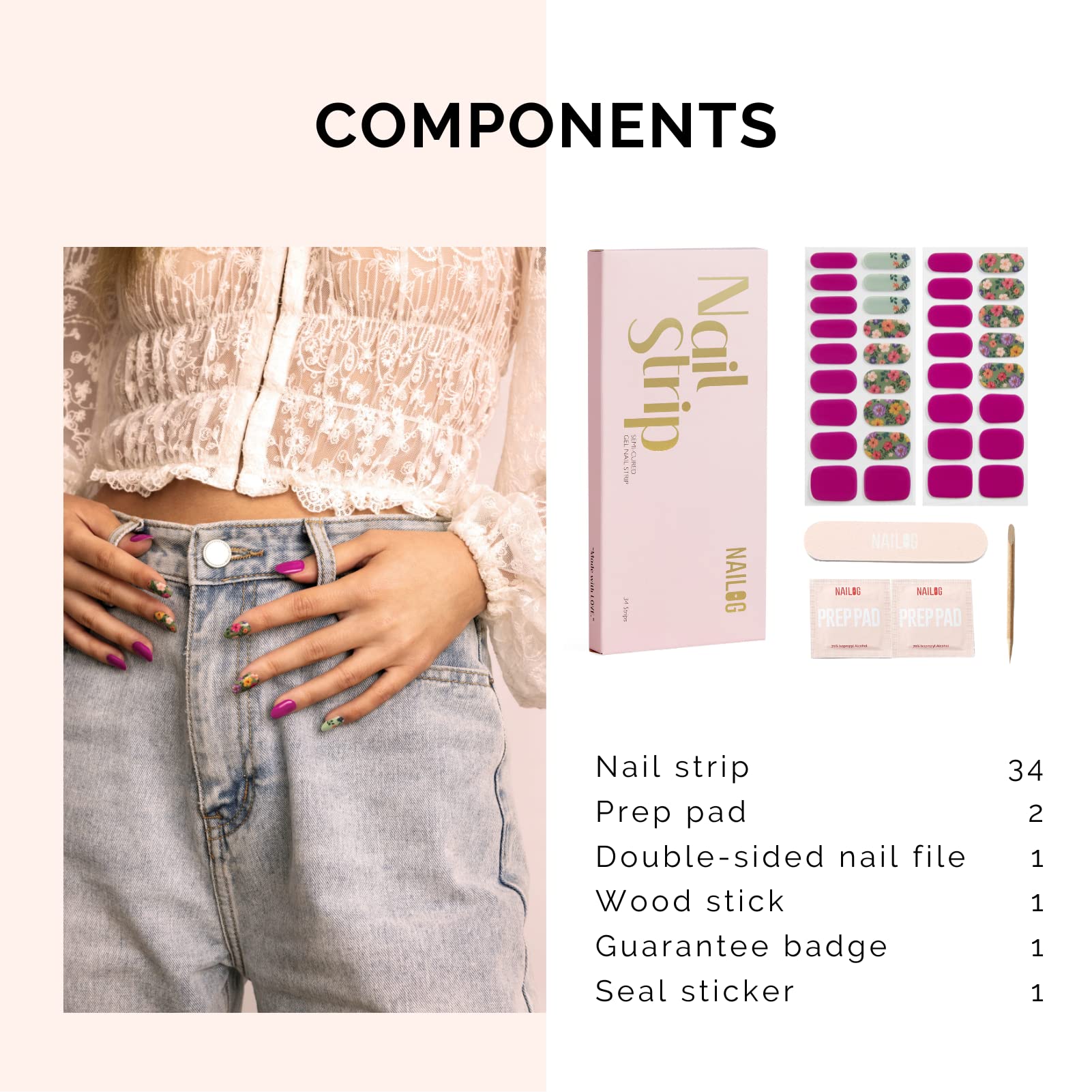 NAILOG strips laid out by size showing fit options for nails