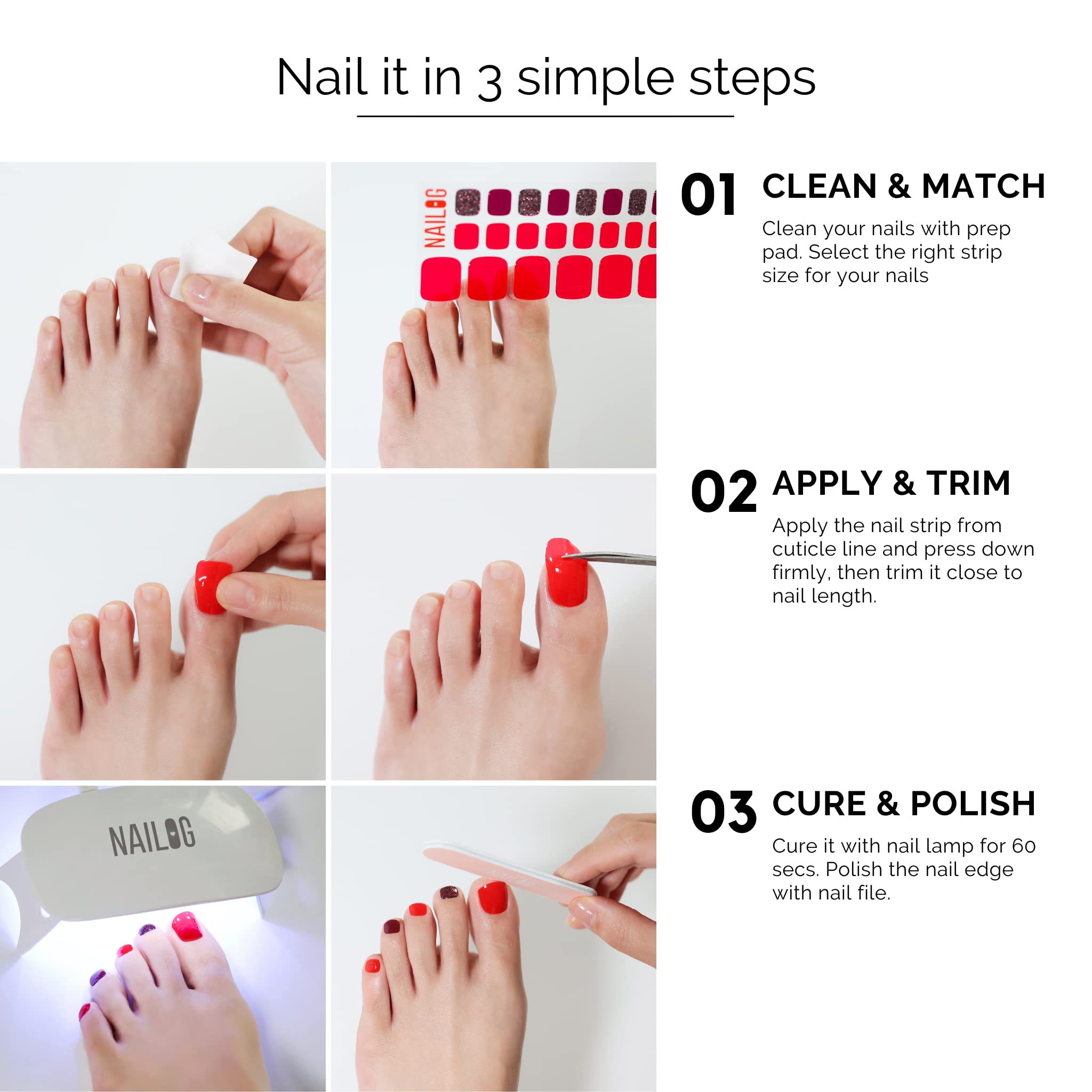 NAILOG finished pedicure on feet showing salon-quality appearance