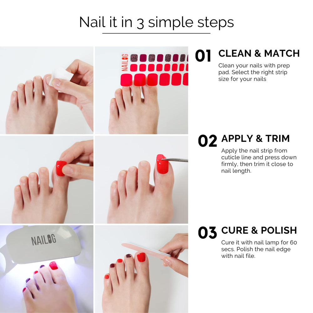 NAILOG finished pedicure on feet showing salon-quality appearance