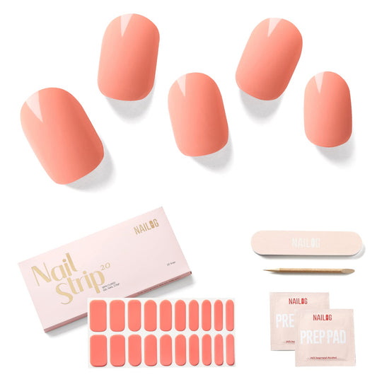 NAILOG front packaging showing coral gel wraps and included tools for quick manicures