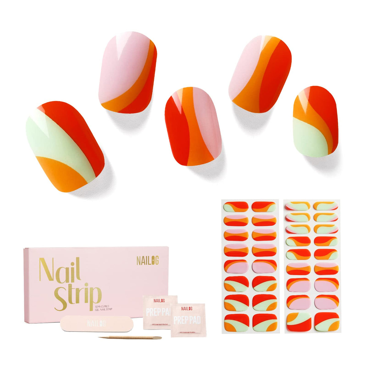 NAILOG front packaging showing lollipop design and 34 strips, attractive and organized