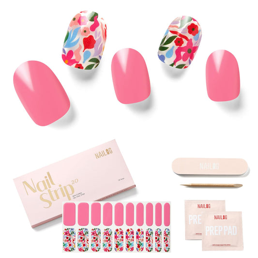 NAILOG front packaging showing pink flower strips and kit contents, clear visuals