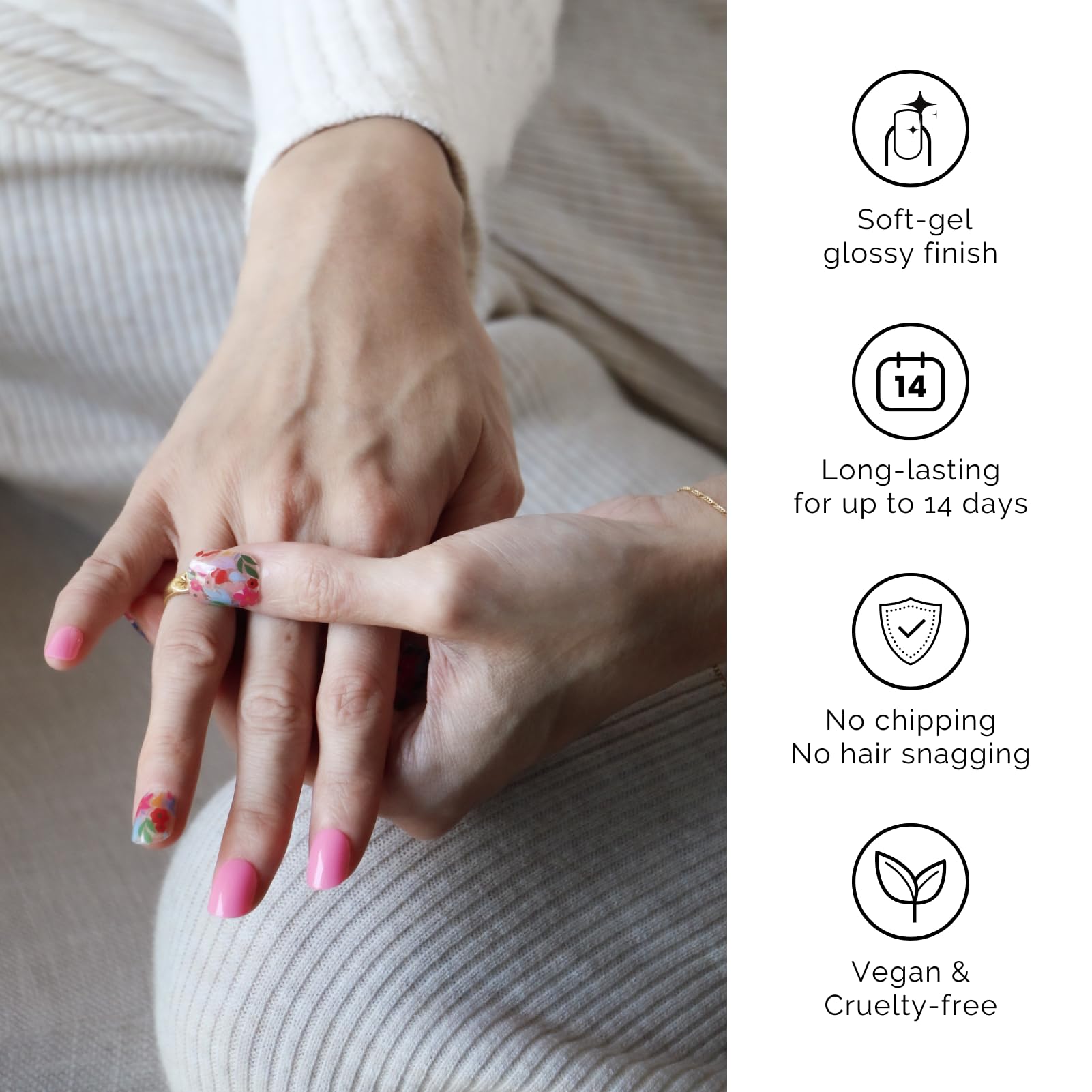 NAILOG lifestyle image with spring outfit showcasing pretty floral manicure