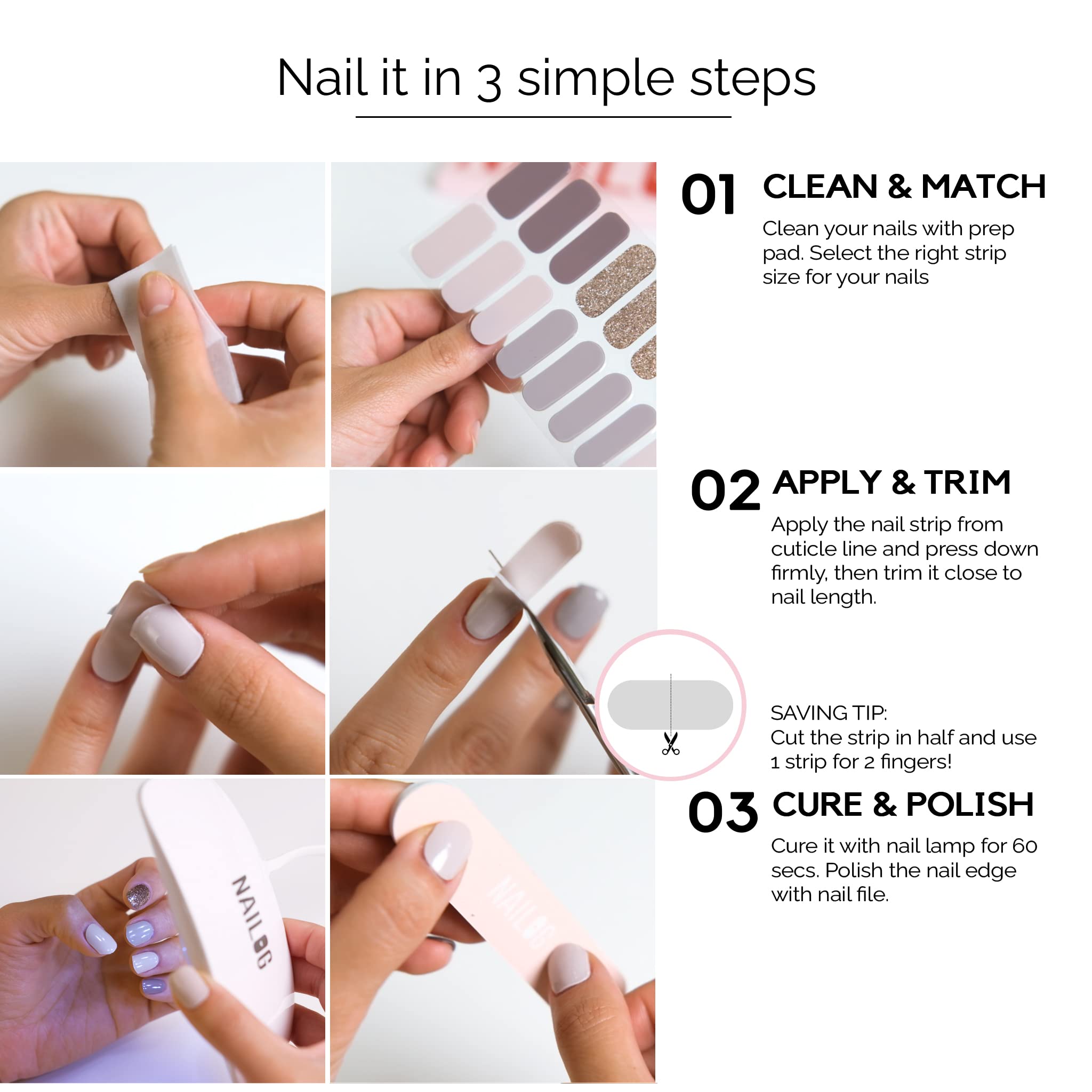 NAILOG size comparison display showing ten sizes for all nail shapes